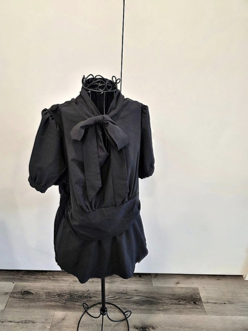 Grace Karin Black Bow Neck Puff Sleeve Blouse Size Small